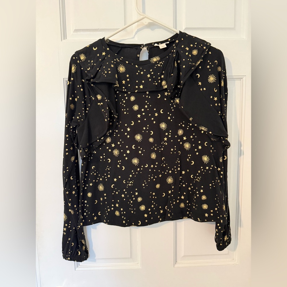 J Crew Crewcuts Girls Long sleeve Ruffle Top Celestial Metallic Details Size XL